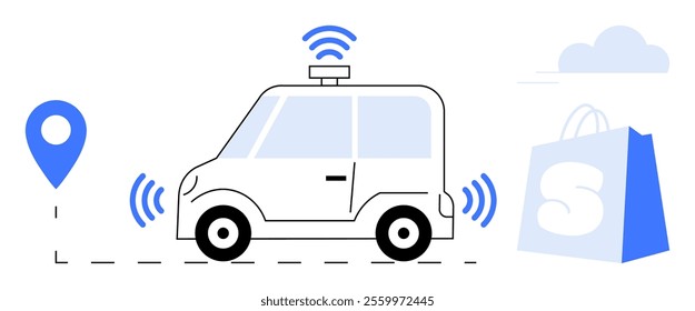 Autonomous car using sensors to deliver shopping packages, with geolocation icon and shopping bag. Ideal for technology, e-commerce, delivery services, innovation, and convenience. Minimalist flat