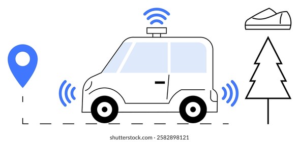 Autonomous car using wireless signals for navigation, GPS pinpoint, tree, and shoe. Ideal for smart transportation, technology, sustainability, GPS navigation, green commuting, future of travel