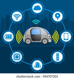 autonomous car and various function icons, connected car, smart vehicle, automotive technology, vector illustration