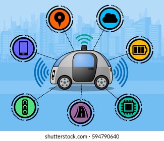 autonomous car and various function icons, connected car, smart vehicle, automotive technology, vector illustration