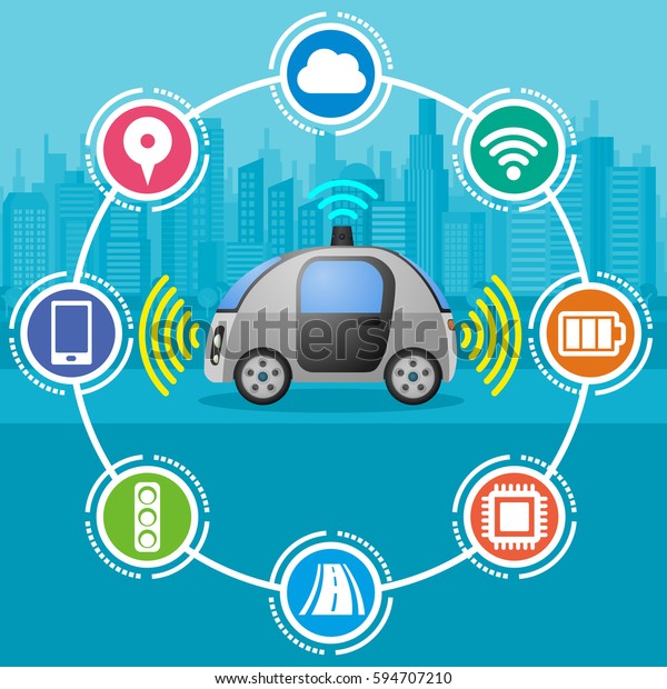 autonomous car\
and various function icons, connected car, smart vehicle,\
automotive technology, vector\
illustration