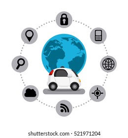 autonomous car vehicle and earth planet with navigation icons around over white background. ecology,  smart and techonology concept. vector illustration