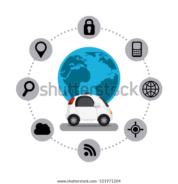 autonomous car vehicle and earth planet with\
navigation icons around over white background. ecology,  smart and\
techonology concept. vector\
illustration