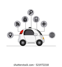 Autonomous Car Vehicle With Navigation Icons Around Over White Background. Ecology,  Smart And Techonology Concept. Vector Illustration