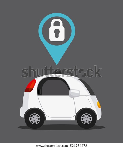 autonomous car vehicle with padlock on pin\
over gray background. ecology,  smart and techonology concept.\
colorful design.  vector\
illustration