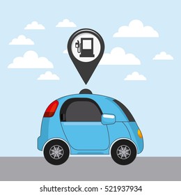autonomous car vehicle and pin with gas pump icon inside. ecology,  smart and techonology concept. colorful design.  vector illustration