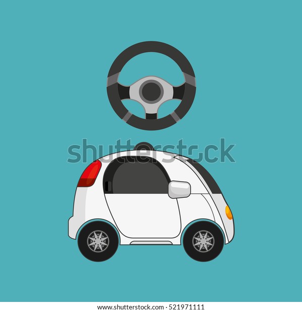 autonomous car vehicle with\
steering wheel icon over blue background. colorful design. vector\
illustration