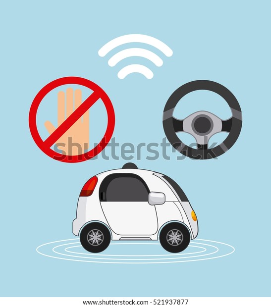 autonomous car vehicle with\
wireless and steering wheel icons over blue background. ecology, \
smart and techonology concept. colorful design.  vector\
illustration