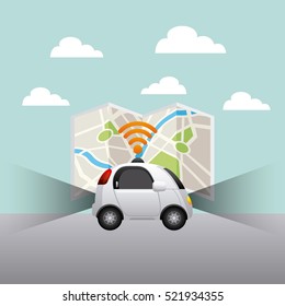 autonomous car vehicle with wireless waves over city map background. ecology,  smart and techonology concept. vector illustration