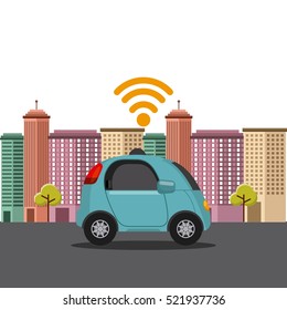 Autonomous Car Vehicle With Wireless Waves Over City Background. Ecology,  Smart And Techonology Concept. Vector Illustration