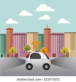 autonomous car vehicle with wireless waves over city background. ecology,  smart and techonology concept. colorful design. vector illustration