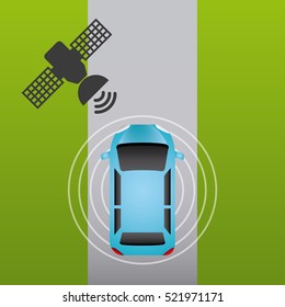 autonomous car vehicle with wireless waves and satellite icon over white street. ecology,  smart and techonology concept. top view. vector illustration