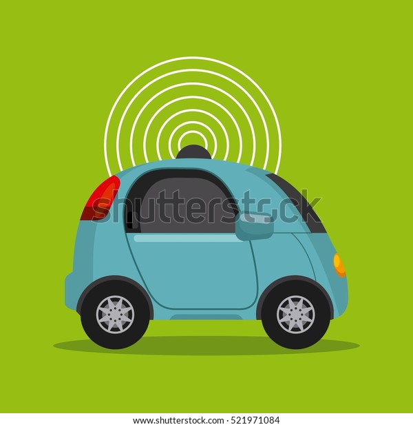 autonomous car vehicle with wireless waves\
over green background. ecology,  smart and techonology concept.\
vector illustration