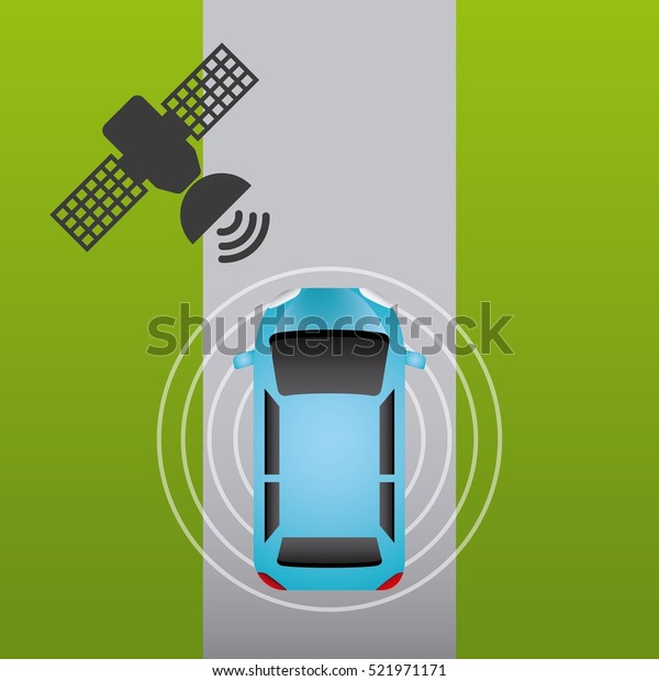 autonomous car vehicle with wireless waves\
and satellite icon over white street. ecology,  smart and\
techonology concept. top view. vector\
illustration