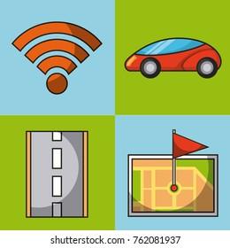 autonomous car wifi connection map gps flag and road icons set