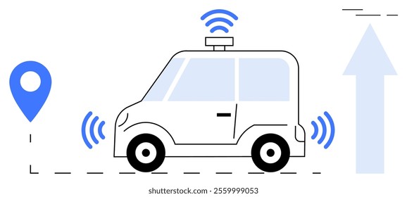 Autonomous car with wireless signals and GPS marker. Ideal for self-driving technology smart transportation future mobility innovations automotive advancements and GPS navigation systems