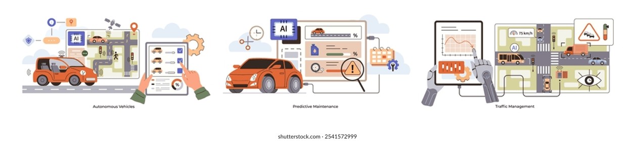Automóveis autônomos, gestão do tráfego, manutenção preditiva. Controles de dispositivo digital, mapa com sinais de tráfego. Ideal para transporte inteligente, planejamento urbano, integração de tecnologia, sistemas automatizados