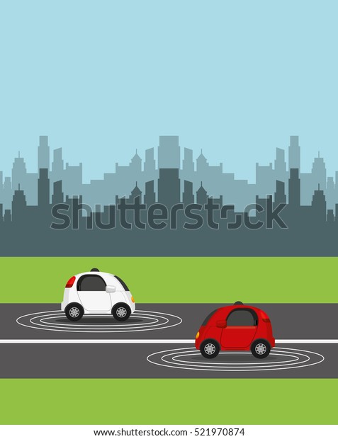 autonomous cars\
vehicles over street and city background. ecology,  smart and\
techonology concept. vector\
illustration