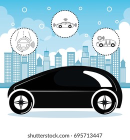 autonomous cars and wireless communication system city background vector illustration