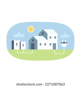 Autonome Ladestation. Ökologisch freundliches Haus Ladestation auf grüner Natur unter blauem Himmel. Farbvektorgrafik, flache Kunst, Cartografik