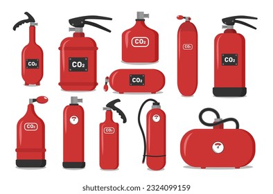 Los extintores de la llama roja de espuma química autónoma previenen los incendios de riesgo con las instrucciones adhesivas de CO2 de la manguera de aerosol que protegen el hogar. Vector de equipo de extinción de incendios portátil e industrial.