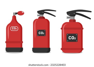 Los extintores de la llama roja de espuma química autónoma previenen los incendios de riesgo con las instrucciones adhesivas de CO2 de la manguera de aerosol que protegen el hogar. Vector de equipo de extinción de incendios portátil e industrial.