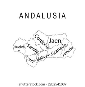 Autonomous community Andalusia map line contour vector silhouette illustration isolated. Provinces of Spain include Cordoba, Jaen, Granada, Almeria, Malaga, Sevilla, Cadiz, Huelva. Europe, EU.