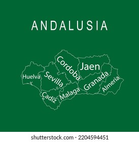 Autonomous community Andalusia map line contour vector silhouette illustration isolated. Provinces of Spain include Cordoba, Jaen, Granada, Almeria, Malaga, Sevilla, Cadiz, Huelva. Europe, EU.