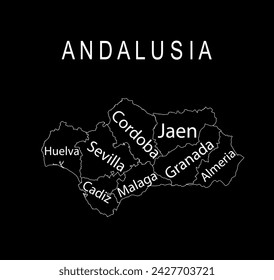 Autonomous community Andalusia map line contour vector silhouette illustration isolated. Provinces of Spain include Cordoba, Jaen, Granada, Almeria, Malaga, Sevilla, Cadiz, Huelva. Europe, EU.