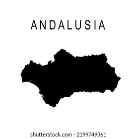 Autonomous community Andalusia map vector silhouette illustration isolated on white background. Provinces of Spain include Cordoba, Jaen, Granada, Almeria, Malaga, Sevilla, Cadiz, Huelva. Europe, EU.