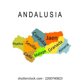 Autonomous community Andalusia map vector silhouette illustration isolated on white background. Provinces of Spain include Cordoba, Jaen, Granada, Almeria, Malaga, Sevilla, Cadiz, Huelva. Europe, EU.