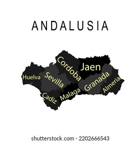 Autonomous community Andalusia map vector silhouette illustration isolated on white background. Provinces of Spain include Cordoba, Jaen, Granada, Almeria, Malaga, Sevilla, Cadiz, Huelva. Europe, EU.