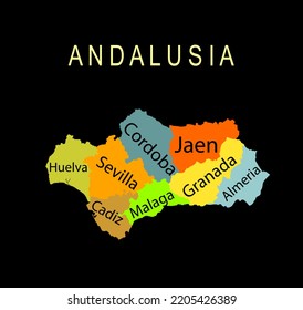 Autonomous community Andalusia map vector silhouette illustration isolated on black background. Provinces of Spain include Cordoba, Jaen, Granada, Almeria, Malaga, Sevilla, Cadiz, Huelva. Europe, EU.