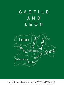 Autonomous community Castile and Leon map line contour vector silhouette illustration isolated. Spain territory provinces Leon, Zamora, Palencia, Burgos, Soria, Segovia, Valladolid, Salamanca, Avila.