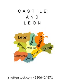 Autonomous community Castile and Leon map vector silhouette illustration isolated on white. Spain territory provinces Leon, Zamora, Palencia, Burgos, Soria, Segovia, Valladolid, Salamanca, Avila.