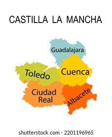 Autonomous community Castilla La Mancha map vector silhouette illustration isolated on white. Spain territory provinces Guadalajara map, Toledo shape, Cuenca silhouette, Ciudad Real symbol, Albacete.