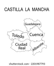 Autonomous community Castilla La Mancha map line contour vector silhouette illustration isolated. Spain territory provinces Guadalajara map, Toledo shape, Cuenca silhouette, Ciudad Real, Albacete.