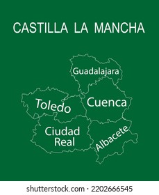 Autonomous community Castilla La Mancha map line contour vector silhouette illustration isolated. Spain territory provinces Guadalajara map, Toledo shape, Cuenca silhouette, Ciudad Real, Albacete.