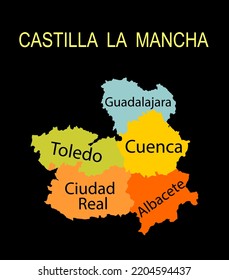 Autonomous community Castilla La Mancha map vector silhouette illustration isolated on black. Spain territory provinces Guadalajara map, Toledo shape, Cuenca silhouette, Ciudad Real symbol, Albacete.