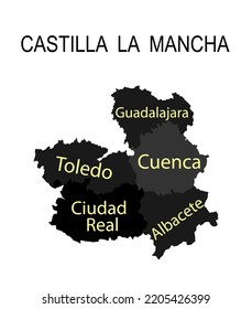 Autonomous community Castilla La Mancha map vector silhouette illustration isolated on white. Spain territory provinces Guadalajara map, Toledo shape, Cuenca silhouette, Ciudad Real symbol, Albacete.