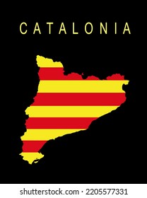 Autonomous community Catalonia map flag vector silhouette illustration isolated on black background. Spain territory include provinces Lleida, Girona, Barcelona, Tarragona. Europe, EU. Catalonia flag.
