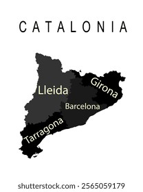 Autonomous community Catalonia map vector silhouette illustration isolated on white background. Spain territory include provinces Lleida shadow, Girona shape, Barcelona map, Tarragona map. Europe, EU.