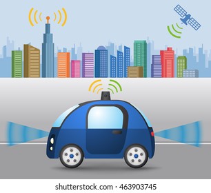 autonomous concept car that communicates with satellite and wireless communication antenna, vector illustration