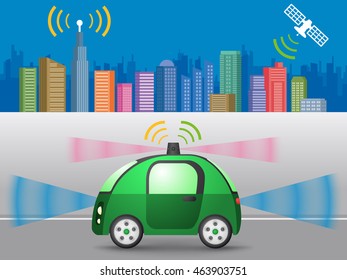 autonomous concept car that communicates with satellite and wireless communication antenna, vector illustration