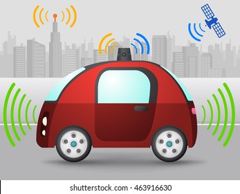 autonomous concept car that communicates with satellite and wireless communication antenna, vector illustration