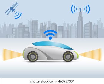 autonomous concept car that communicates with satellite and wireless communication antenna, vector illustration