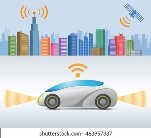 autonomous concept car that communicates with satellite and wireless communication antenna, vector illustration