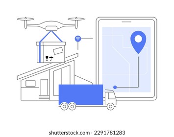 Ilustración vectorial de concepto abstracto de entrega autónoma. Entrega de drones, sin contacto humano, servicio de mensajería automatizado, robot autónomo, vehículo auto-conducido, sin metáfora abstracta de mensajería.