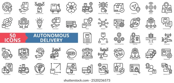 Conjunto de coleta de ícone de distribuição autônoma. Contendo drone, robô, ai, logística, tecnologia, pacote, ícone de navegação. Ilustração de vetor de linha simples.