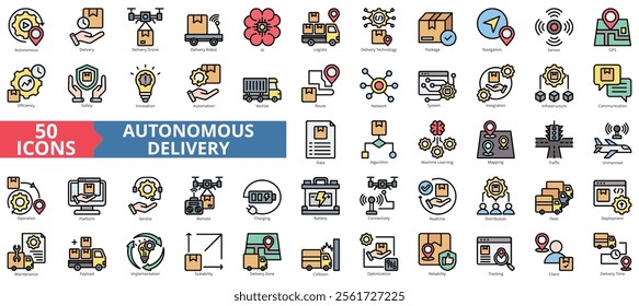 Autonomous delivery icon collection set. Containing drone, robot, ai, logistic, technology, package, navigation icon. Simple flat outline vector illustration